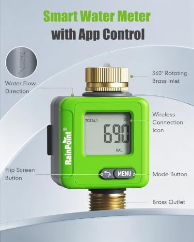 RAINPOINT Bluetooth Smart Water Flow Meter, Brass Fittings, 180° Flip LCD Screen, APP Monitor Water Usage & Flow Rate, Gallon/Liter Measure for Garden, RV, Sprinklers & Hose Nozzles,Green - Image 2