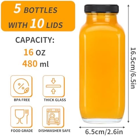 CUCUMI 5pcs 16oz Glass Juice Bottles with Lids - Image 2