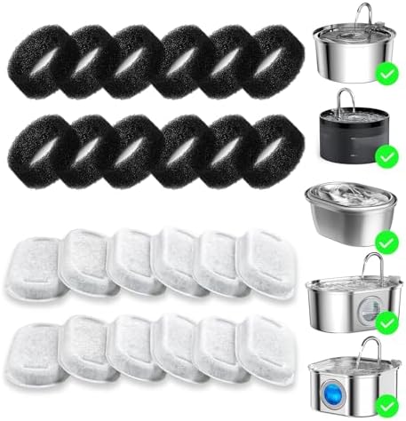 Cat Water Fountain Filter Replacement 24 Pack, 12 Carbon Filters + 12 Sponges by WonderCreature