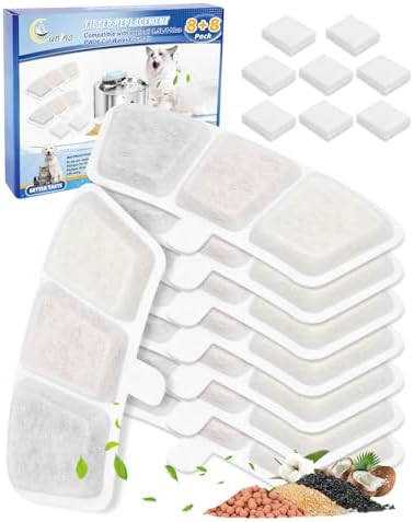 8+8 Pack Cat Water Fountain Filter Replacement Compatible with oneisall PW03 & PW04 3.5L/118oz, Cat Fountain Filters Replacement Fit for oneisall, Multilayer Filters System, 8 Filters+8 Sponge by Cunina