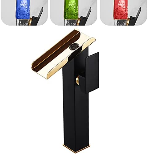 Bathroom Vessel Sink Faucet LED Light Black Gold,Hydropower LED 3 Colors Changing Waterfall Spout, Hot and Cold Water Mixer, Single Handle Single Hole Commercial Residential Bathroom Tap Faucet by Chiczam
