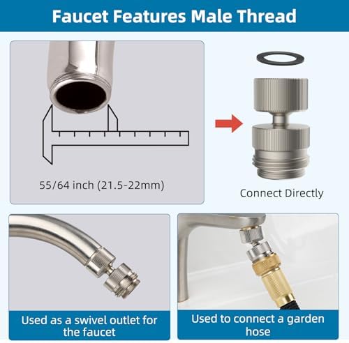 Hibbent Sink Faucet to Garden Hose Adapter, 360-Degree Swivel 55/64 Inch Female Thread, Sink Hose Attachment for Faucet Adapter Connector, Brushed Nickel - Image 5