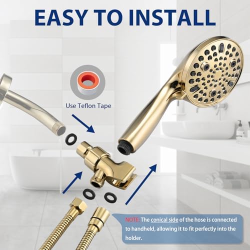 High Pressure 10 Setting Handheld Shower Head, 5" Detachable Showerhead Spray Built-in Power Wash to Clean Tub, Tile & Pets, 79" Extra Long Stainless Steel Hose, Adjustable Bracket - Gold - Image 6