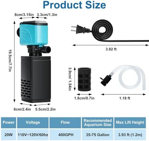DaToo Aquarium Filter 35-75 Gallon Fish Tank Filter 400GPH Powerful Pump for Aquariums Adjustable Air Flow Submersible Internal Aquarium Filters for Pond Wavemaker Air Supply Freshwater and Saltwater - Image 2