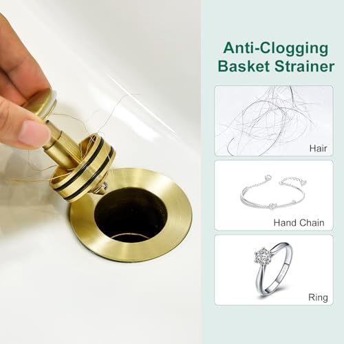 CREA Gold Bathroom Sink Drain Stopper,Pop Up Sink Drain Stopper Bathroom Sink with Overflow,Vessel Sink Drain Plug with Anti-Clogging Strainer Pop Up Drain Stopper Kit All Metal Stailess Steel - Image 4