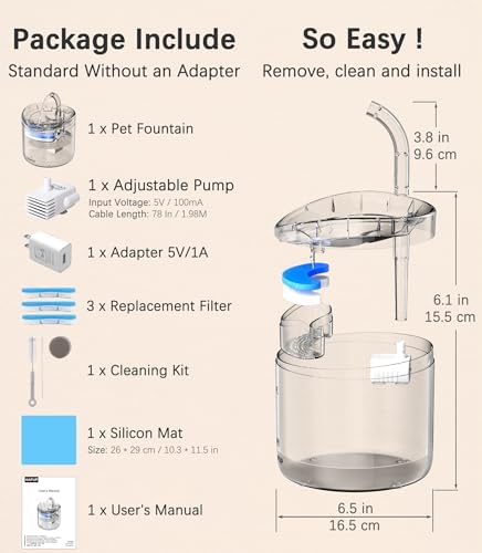 Cat Water Fountain Animal Water Dispenser 61OZ/1.8L Automatic Pet Drinking Fountain with 3 Filter Replacement 1 Pump 1 Cleaning Brush kit 1 Silicone Food Mat 1 Adapter for Cats Kitty Indoor - Image 6