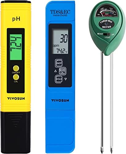 VIVOSUN Digital pH Meter, 3-in-1 TDS/EC/Temperature Meter, 3-in-1 Soil Moisture/pH/Light Tester Combo for Home, Garden and Hydroponics, Yellow-Blue-Green by VIVOSUN