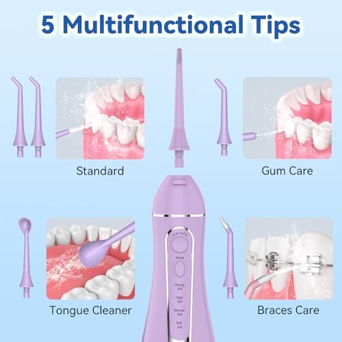 Cordless Portable Water Flosser with 300ML Tank: Rechargeable Oral Irrigator with 5 Tips for Travel, Braces Care and Sensitive Gums, IPX7 Waterproof Teeth Cleaning Device(Purple) - Image 3