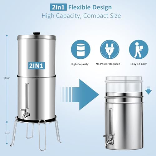 2.25G Ultra-Filtration Gravity Water Filter System，304 Stainless Steel Countertop System with 2 Filters & Metal Faucet，NSF/ANSI 42 Certification，Reduce 99% Chlorine - Image 5
