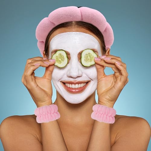 Pink Skincare Bubble headband and wristband set for Face Washing - Image 3