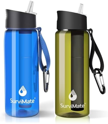 SurviMate Purified Water Bottle for Camping, Hiking, Backpacking and Travel, BPA Free with 5-Stage Intergrated Filter Straw by SurviMate