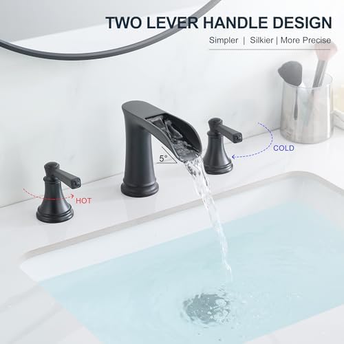8 Inch Matte Black Bathroom Faucet 3 Hole, Brass Waterfall Bathroom Sink Faucet Widespread 2 Handle with Pop up Drain & Pre-Installed cUPC Supply Lines for Lavatory, 10 Mins Quick Install - Image 6