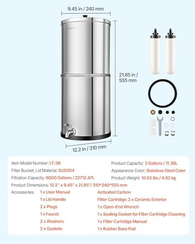 VEVOR Gravity-fed Water Filter System, 3G 304 Stainless-Steel Countertop Water Filtration System, Reduces Lead and up to 99% of Chlorine, with 2 Ceramic Carbon Filters, and Spigot, for Home Camping RV - Image 7