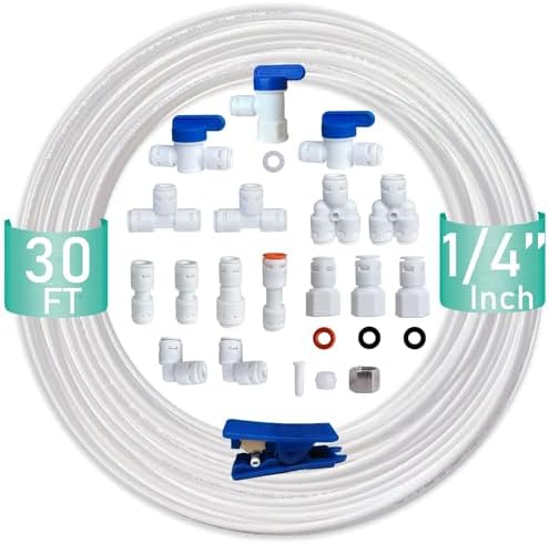 ESHIONG NSF Certified 1/4" O.D. Push to Connect Fittings for RO (Reverse Osmosis) Water Filter（ Fridge Installation Kits）20 pcs+30 feet 1/4" Water tubing. by ESHIONG
