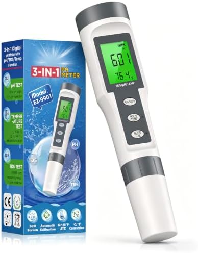 pH Meter, Digital 3-in-1 TDS, pH & Temperature Water Tester pH Pen, 0.01 High Accuracy Reader TDS Meter & PH Tester, pH Meter for Drinking Water, Aquarium,Pool, Hydroponics, Plants, Wine, Lab (Gray) by Ammsia