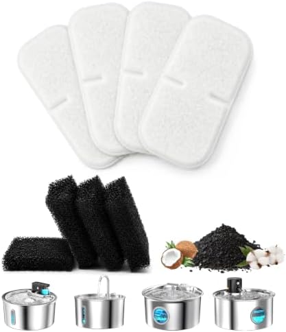 Cat Water Fountain Filter Replacement: 4 Carbon Filters & 4 Foam Sponges Kitty Spout Pump Filters for 108Oz/3.2L & 67Oz/2L Stainless Steel Pet Water Dispenser Cat Dog by Unknown
