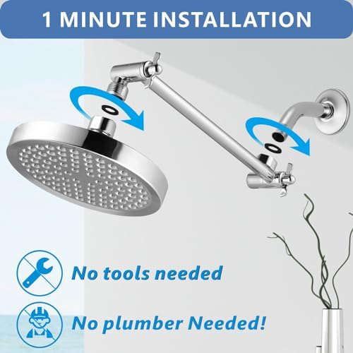 Voolan Rain Shower Head with Extension Arm - High Pressure Rainfall Showerhead - Luxury Modern Look - Comfortable Shower Experience Even at Low Water Flow (Round, Chrome) - Image 4