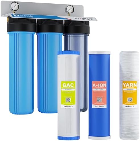 Max Water 3 Stage Whole House Water Filter System Nitrate Removal - 20" x 4.5" Wound Sediment + Anion Resin Nitrate Reduction + GAC - 1" Inlet/Outlet by MaxWater