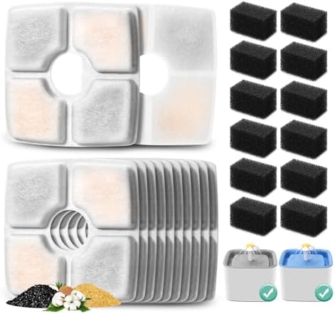 12 Pack Replacement Filters & Pre-filter Sponges for 84oz/2.5L Automatic Pet Fountain, BFLICROY Cat Water Fountain Filter, Triple Filtration Pet Fountain Replacement Filters by BFLICROY