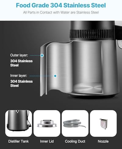 VEVOR Water Distiller, 6L/1.6 Gallon Larger Pure Water Purifier Filter for Home Table Countertop, 900W Glass Pot Distilled Maker, Stainless Steel Interior Drinking Machine to Make Clean Water - Image 5