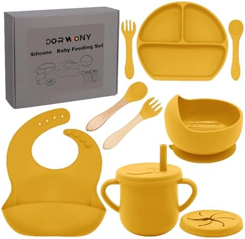 100% Silicone baby feeding set,BPA free Baby dishes set with Suction Bowl Divided Plate,Toddler Self Feeding Dish Set with Spoons Forks Sippy Cup And Bib, Baby Eating Utensils (Pumpkin) by Dormlony