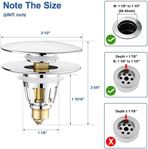 Universal 3-in-1 Bathroom Sink Stopper - Chrome Pop Up Sink Drain Stopper, Push Button Sink Drain Stopper Replacement, Wash Basin Drain Filter Plug with Anti-Clogging Strainer, (Large Cover) - Image 2