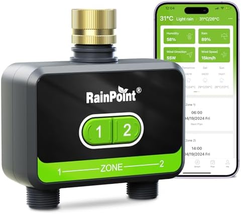 RAINPOINT Bluetooth Water Timer for Garden Hose, Smart Hose Timer 2 Outlet(Not Hub), Wireless Sprinkler Watering Timer with Rain Delay, Automatic Irrigation System for Lawns and Yard by RainPoint