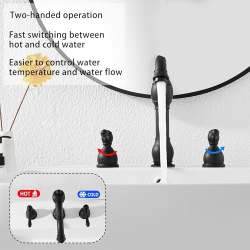 2 Handles 3 Holes Faucet Widespread Bathroom Sink Faucet Basin Tap Mixer Supply Hose Included Matching Pop Up Drain Matte Black - Image 3