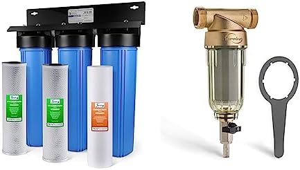 iSpring WGB32B 3-Stage Whole House Water Filtration System w/ 20-Inch Sediment and Carbon Block Filters & WSP-100 Reusable Whole House Spin Down Sediment Water Filter, 1" MNPT + 3/4" FNPT, Brass by Unknown