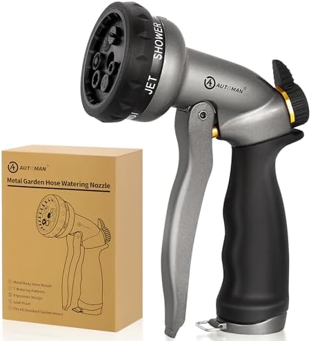 AUTOMAN Garden Hose Nozzle - 7 Patterns Sprayer, 100% Metal High Pressure Spray Nozzle, Labor-Saving Design, Heavy Duty Water Hose Nozzle for Garden Watering, Car Washing, Window Cleaning,Pets Bathing by AUTOMAN
