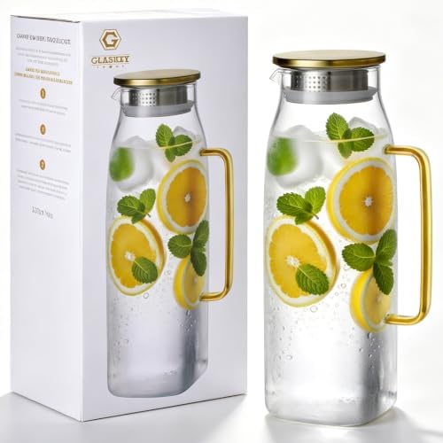 GLASKEY 74oz Square Glass Pitcher with Lid and Handle for Fridge,Borosilicate Glass Carafe for Hot or Cold Drink, Large Jug for Iced Tea,Coffee,Juice,Homemade Beverage (Gold) by GLASKEY