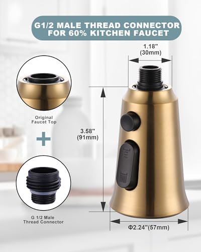 WOWOW Kitchen Faucet Head Replacement, 3 Function Pull Down Faucet Sprayer Head with 13 Adapters, Brushed Gold Kitchen Sprayer Nozzle Compatible with Moen, Delta, Kohler Faucets - Image 6