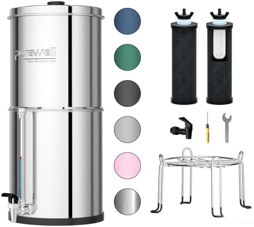 Purewell 3-Stage 0.01μm Ultra-Filtration Gravity Water Filter System, 304 Stainless Steel Countertop System with 2 Filters, Metal Water Level Spigot and Stand, Reduce 99% Chlorine, 2.25G, PW-OB-K by Purewell