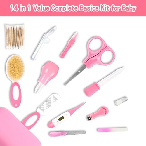 Baby Grooming Kit，Infant Safety Care Setwith Hair Brush Comb Nail Clipper Nasal Aspirator, Baby Essentials Kit for Newborn Girls Boys (14 PC-Pink Kit) - Image 2