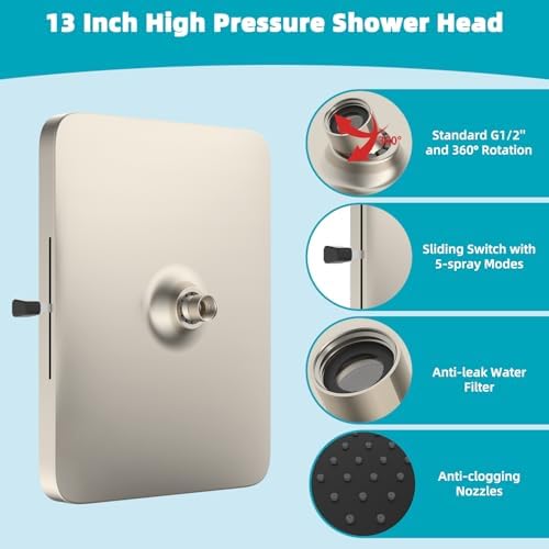 Hibbent cUPC Certified 5 Spray Modes Shower Head, 13'' High Pressure Large Rainfall Shower Head, High Flow Waterfall Bathroom Fixed Showerheads, Adjustable Swivel Ball Joint, Brushed Nickel - Image 5