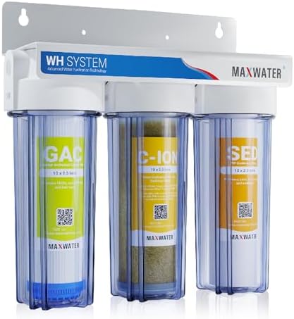 Max Water 3 Stage Water Softening10 inch Standard Water Filtration System for Whole House - Sediment + Cation Resin + GAC - ¾ Inlet/Outlet - Model : WH-SC8 by MaxWater