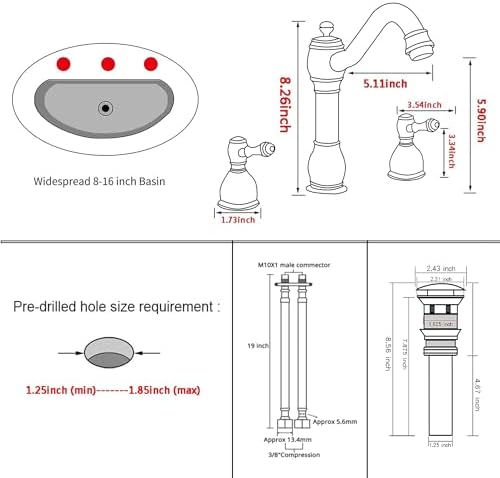 2 Handles 3 Holes Faucet Widespread Bathroom Sink Faucet Basin Tap Mixer Supply Hose Included Matching Pop Up Drain Brushed Nickel - Image 2