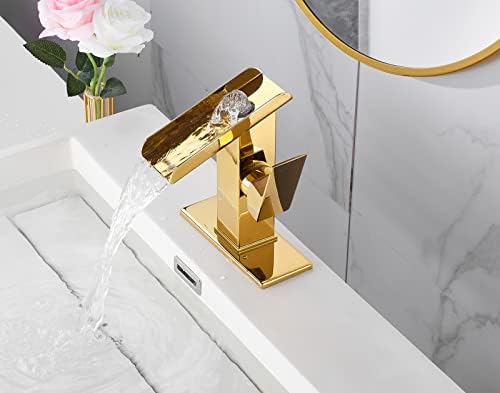 Bathroom Sink Faucet Gold Single Handle 1 or 3 Hole 4 Inch Waterfall Open Spout Bathroom Faucets Modern Brass Lavatory Bath RV Vanity Sink Faucets Basin Mixer Tap with Supply Line Cover Plate - Image 4