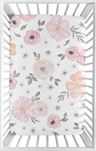Sweet Jojo Designs Baby Mini Crib Sheets (Pink/Grey Boho Floral) for Girls, Infant Nursery, Toddler Room - Fitted Portable Pack and Play Size Mattress Sheet ONLY (Blush, Flower, Bohemian, Elegant) by SweetJojoDesigns