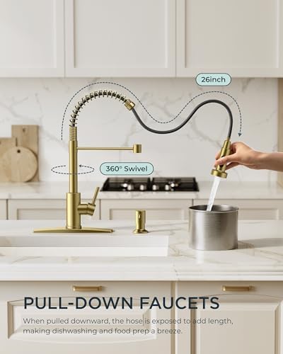 FORIOUS Gold Kitchen Sink Faucet, Pull Down Sprayer, Classic High Arc - Image 2