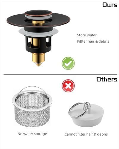 Hibbent 2 Pack All Metal Universal Bathroom Sink Stopper for 1.1''~2.3'' Basin, Pop Up Sink Drain Strainer, Brass Core Push Type Stopper, Stainless Steel Anti Clogging Drain Filter, Oil-Rubbed Bronze - Image 3