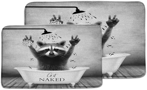 2PCS Lovely Raccoon Bath Mat Cute Animal in Bathtub Bubble Shower Head Get Naked Rustic Wooden Board Farmhouse Bathroom Rug Microfiber Memory Foam Shower Mat Kitchen Bath Floor Rugs by UOZXOML