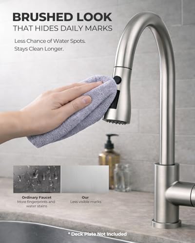 WEWE Pull-Down Kitchen Faucet, 3-Mode Sprayer, Brushed Nickel, High Arc - Image 2
