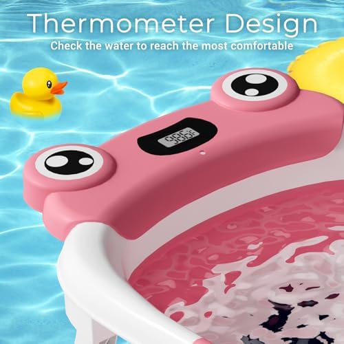 BUNWAG Baby Bathtub, Collapsible Newborn Bathtub for Infant to Toddler with Soft Cushion and Thermometer, Travel Newborn Tub with No-Slip Feet, Baby Shower Gifts, 0-12 Months Baby Bath, Rose Pink - Image 4