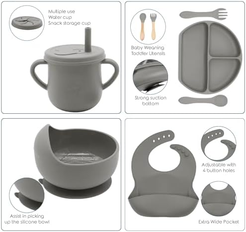 100% Silicone baby feeding set,BPA free Baby dishes set with Suction Bowl Divided Plate,Toddler Self Feeding Dish Set with Spoons Forks Sippy Cup And Bib, Baby Eating Utensils (Light Brown) - Image 3