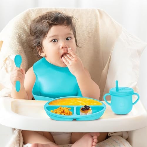 100% Silicone baby feeding set,BPA free Baby dishes set with Suction Bowl Divided Plate,Toddler Self Feeding Dish Set with Spoons Forks Sippy Cup And Bib, Baby Eating Utensils (Cyan Blue) - Image 2