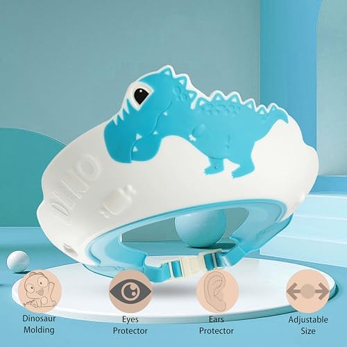 Baby Shower Cap Shield, Shower Cap for Kids, Visor Hat for Eye and Ear Protection for 0-9 Years Old Children,Cute Dinosaur/Crocodile/Hippo shape Makes the Baby Bath More Fun (Dinosaur, Blue) - Image 2