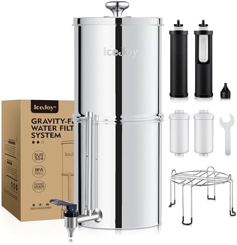 IceJoy 0.01μm Ultra-Filtration Gravity Water Filter System, 2.25G Stainless Steel Countertop Purifier with 4 Filters, Water Level Spigot & Stand, Reduce Fluoride & Chlorine, NSF/ANSI 42 by IceJoy
