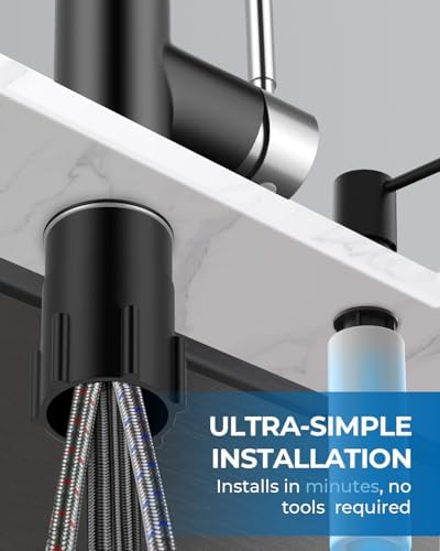 WEWE Kitchen Faucet with Soap Dispenser Set, Pull-Down, Black and Chrome - Image 7