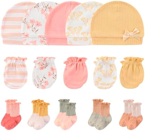 MAMIMAKA Newborn Baby Boy Girl Caps Mittens Socks Set Cotton Baby Essentials Accessories (Hats+Gloves+Socks) by MAMIMAKA